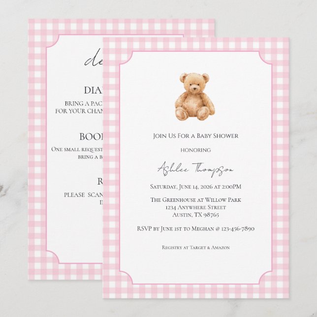 Convites Chá de Bebê Urso Teddy Clássico Preppy Completo (Frente/Verso)