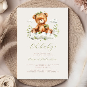 Convites Chá de Bebê Urso Teddy com Eucalipto em Aquarela V