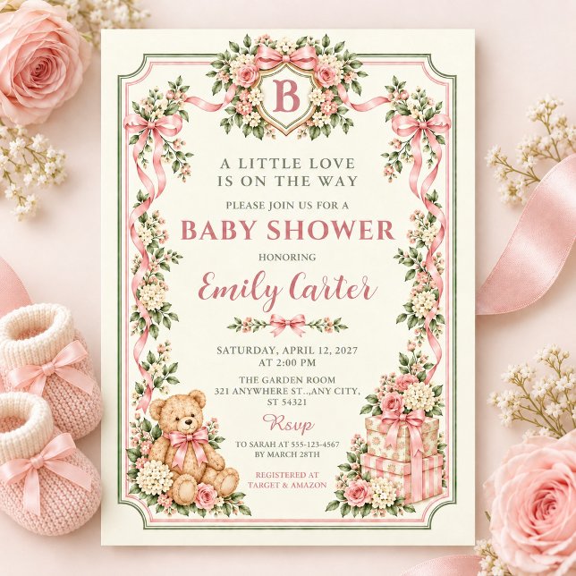 Convites Chá de Bebê Urso Teddy com Laço Floral Rosa (Criador carregado)