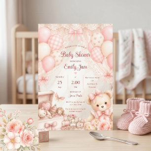 Convites Chá de Bebê Urso Teddy Coquette Rosa