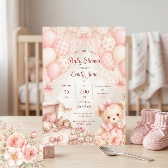 Convites Chá de Bebê Urso Teddy Coquette Rosa (Criador carregado)