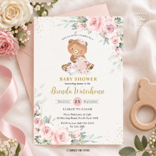 Convites Chá de Bebê Urso Teddy Floral Rosa Cor-de-Rosa