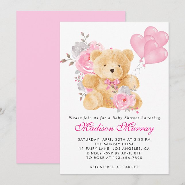 Convites Chá de Bebê Urso Teddy Floral Rosa Menina (Frente/Verso)