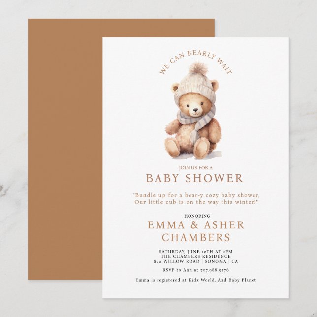 Convites Chá de Bebê Urso Teddy Fofo de Inverno (Frente/Verso)