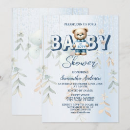 Convites Chá de Bebê Urso Teddy Fofo Floral Azul 
