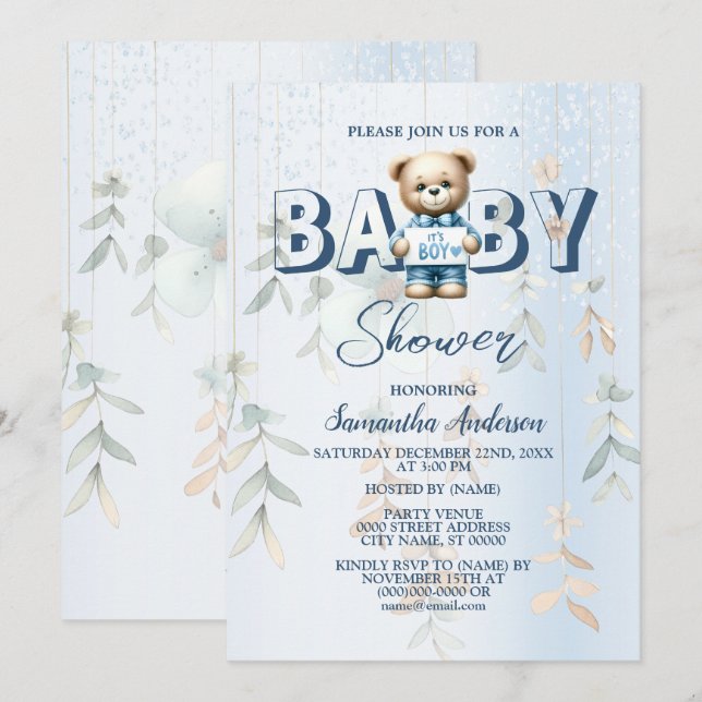 Convites Chá de Bebê Urso Teddy Fofo Floral Azul  (Frente/Verso)