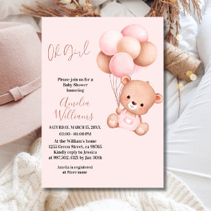 Convites Chá de Bebê Urso Teddy Fofo Menina Balão Rosa