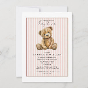 Convites Chá de Bebê Urso Teddy Listras Rosa