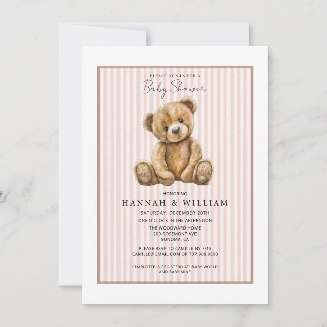 Convites Chá de Bebê Urso Teddy Listras Rosa (Frente)