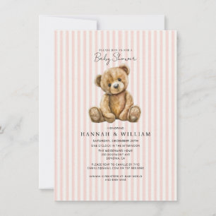Convites Chá de Bebê Urso Teddy Listras Rosa