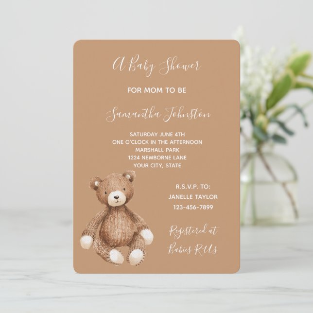 Convites Chá de Bebê Urso Teddy Marrom Fofo (Em pé/Frente)
