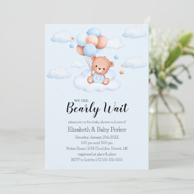 Convites Chá de Bebê Urso Teddy Menino (Em pé/Frente)