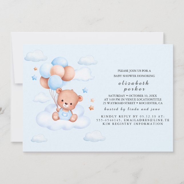 Convites Chá de Bebê Urso Teddy Menino Azul (Frente)