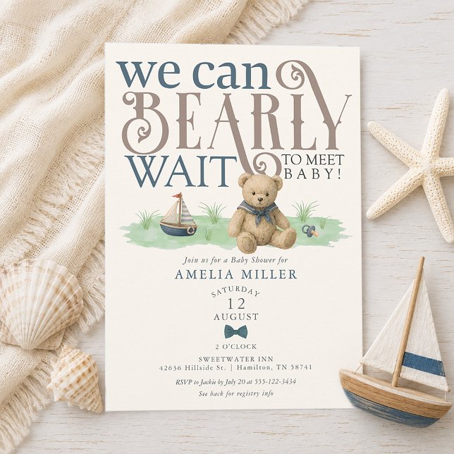 Convites Chá de Bebê Urso Teddy Náutico Mal Posso Esperar (Nautical Can Bearly Wait Teddy Bear Baby Shower Invitation)