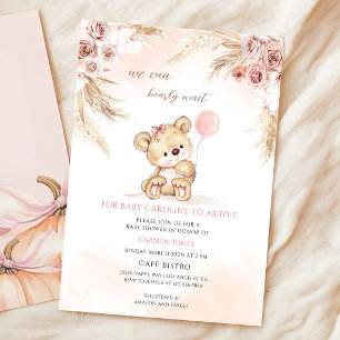 Convites Chá de Bebê Urso Teddy Pink Pampas
