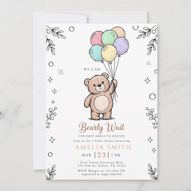 Convites Chá de Bebê Urso Teddy Rosa Amarelo Caprichoso (Frente)