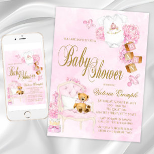 Convites Chá de Bebê Urso Teddy Rosa Dourado Menina