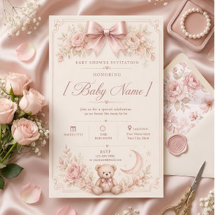 Convites Chá de Bebê Urso Teddy Rosa Elegante