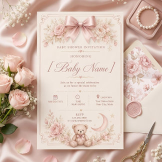 Convites Chá de Bebê Urso Teddy Rosa Elegante