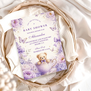 Convites Chá de Bebê Urso Teddy Roxo Caprichoso