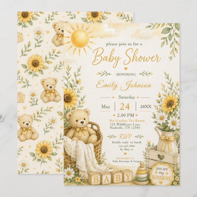 Convites Chá de Bebê Urso Teddy Sunshine (Frente/Verso)