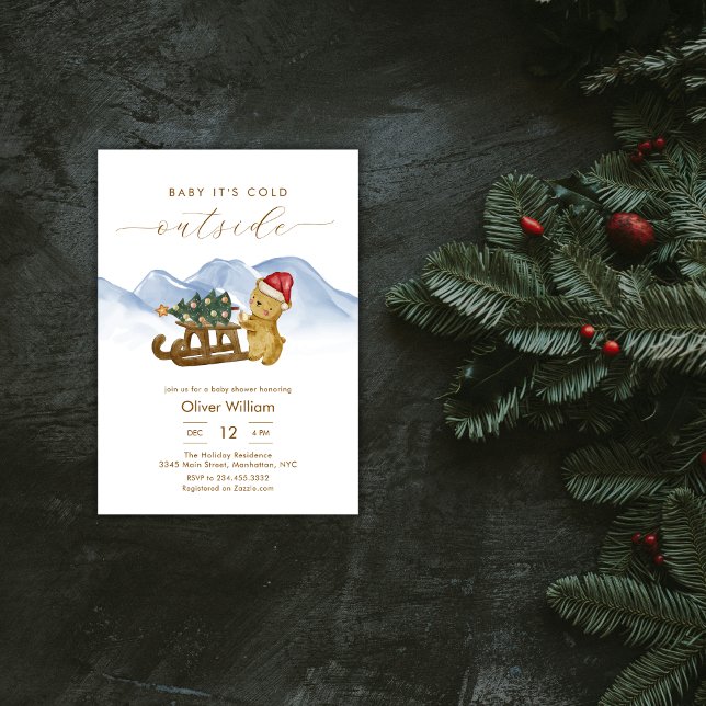 Convites Chá de Bebê Urso Trenó Floresta de Inverno Rústica (Rustic Winter Woodland Sleigh Bear Baby Shower Invitation)