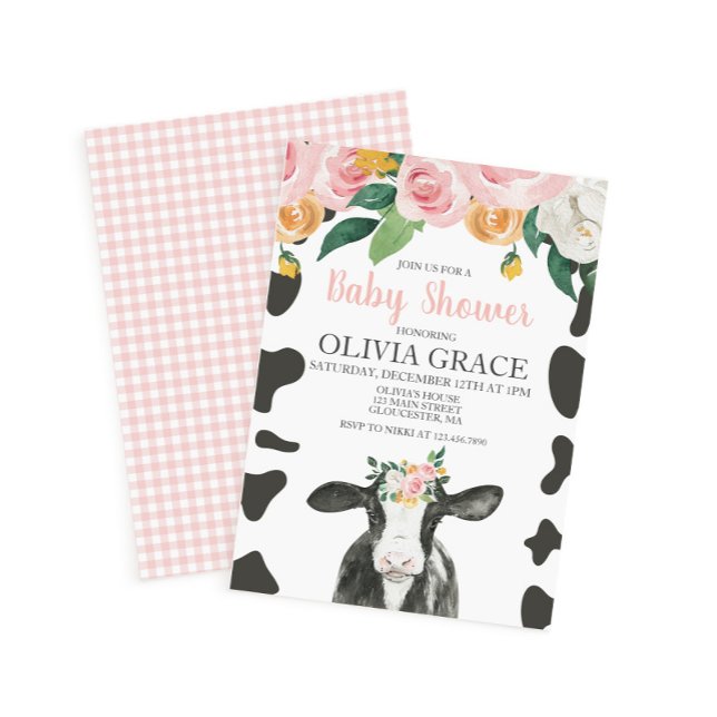 Convites Chá de Bebê Vaca Floral Rosa e Xadrez (Criador carregado)