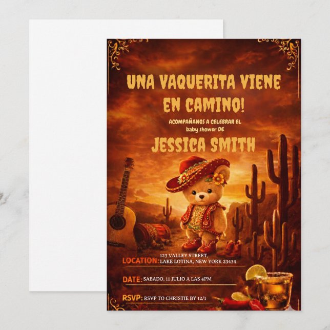 Convites Chá de Bebê Vaquerita Mexicana Espanhola Menina (Frente/Verso)