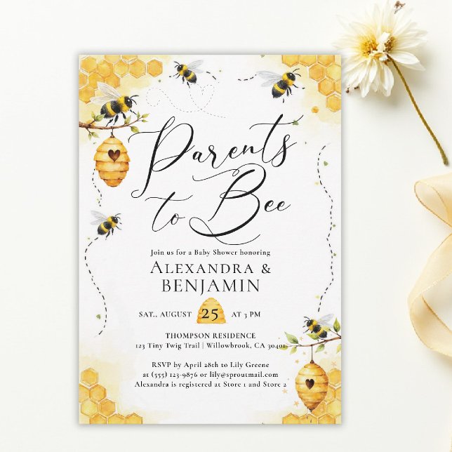 Convites Chá de Bebê Verão Aguarela Pais Coed (parents to bee baby shower theme invitation spring summer little honey watercolor elegant)