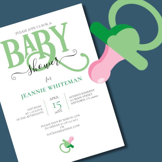 Convites Chá de Bebê Verde Neutro em Relação ao Gênero (Cute Green Pacifier Baby Shower Invitation)