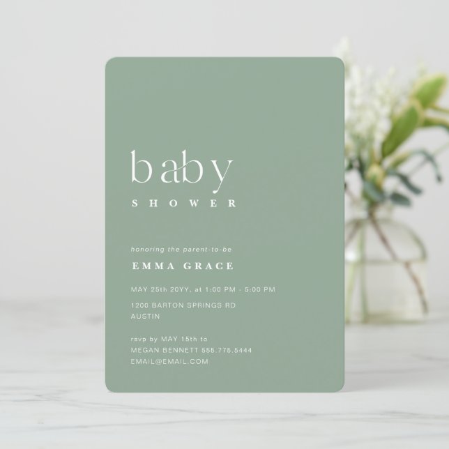 Convites Chá de Bebê Verde Oliva Neutro Minimalista (Em pé/Frente)