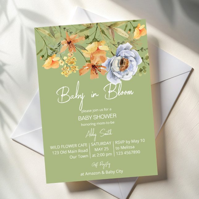 Convites Chá de bebê verde sage baby in bloom  (Baby in bloom sage green yellow blue wild flowers summer baby shower invitation cards template)