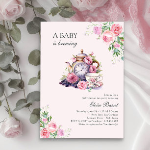Convites Chá de Bebê Vintage Baby is Brewing Rosa