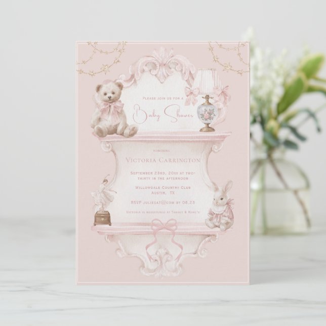 Convites Chá de Bebê Vintage Elegante Rosa (Em pé/Frente)