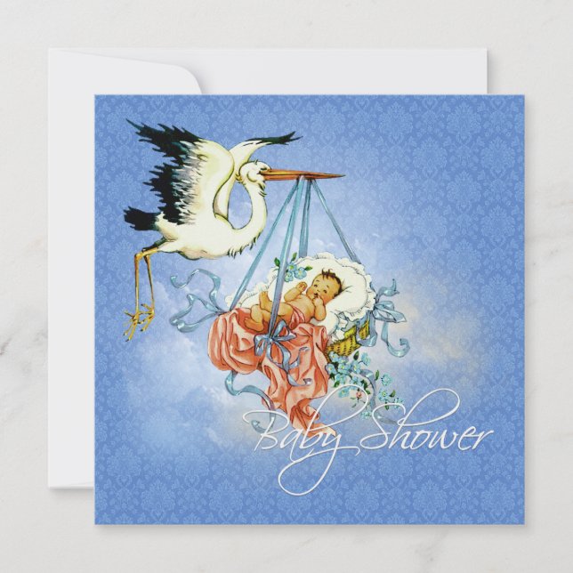 Convites Chá de Bebê Vintage Menino Cegonha (Frente)