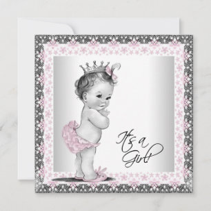 Convites Chá de Bebê Vintage Rosa e Cinza para Menina