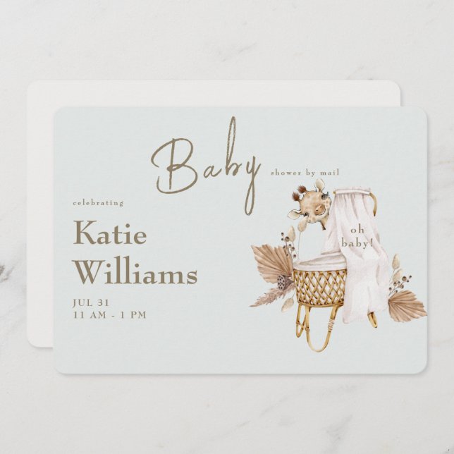 Convites Chá de Bebê Virtual Berço Light Sage Girafa (Frente/Verso)