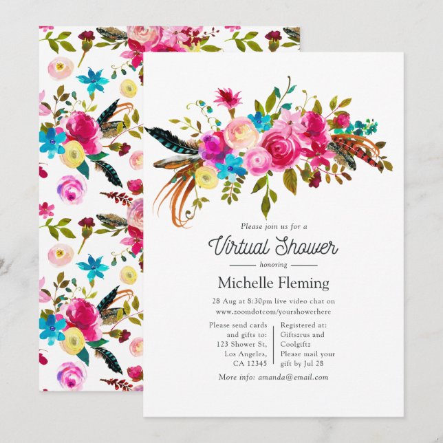 Convites Chá de Bebê Virtual Boho Chic Floral Aquarela (Frente/Verso)