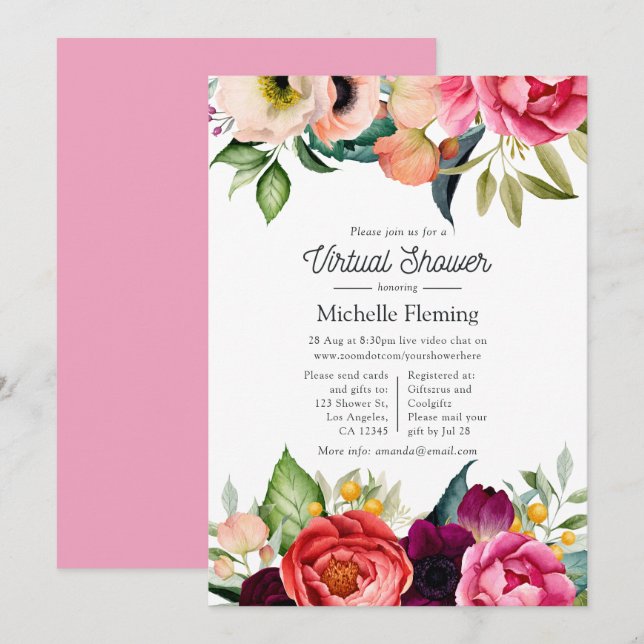 Convites Chá de Bebê Virtual Boho Floral em Aquarela (Frente/Verso)