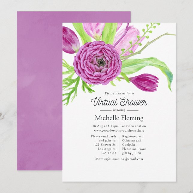 Convites Chá de Bebê Virtual com Aquarela Floral (Frente/Verso)