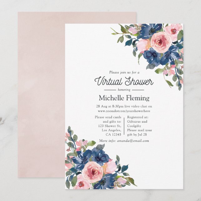 Convites Chá de Bebê Virtual Floral Azul Marinho e Rosa (Frente/Verso)