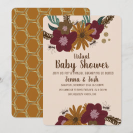 Convites Chá de Bebê Virtual Floral Girassol Vintage Abelha