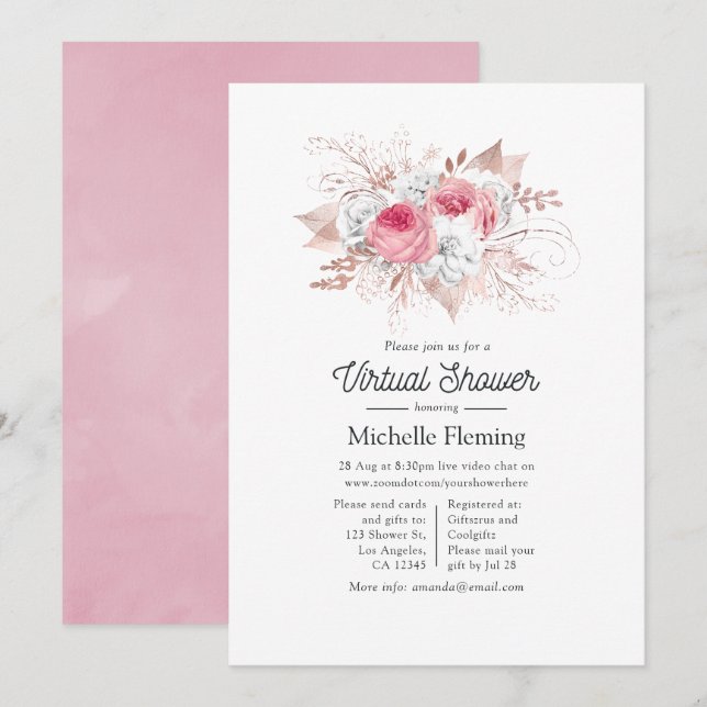 Convites Chá de Bebê Virtual Floral Rosa e Dourado Rosa (Frente/Verso)
