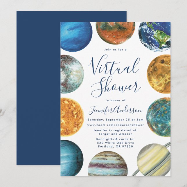 Convites Chá de Bebê Virtual Planetas em Aquarela (Frente/Verso)