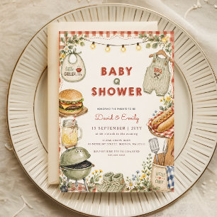 Convites Chá de Bebê Watercolor Floral Barbecue Baby Q
