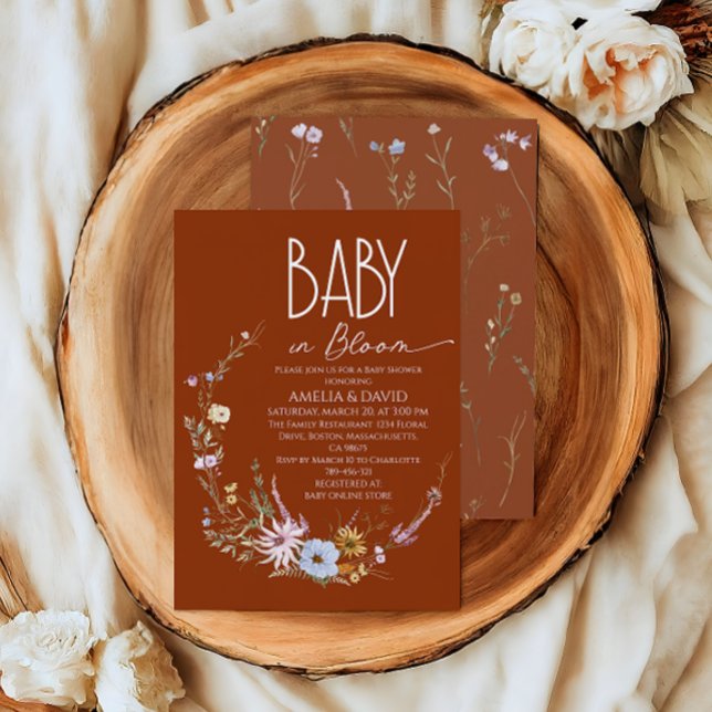 Convites Chá de Bebê Wildflower Laranja Queimada Baby in Bl (Criador carregado)