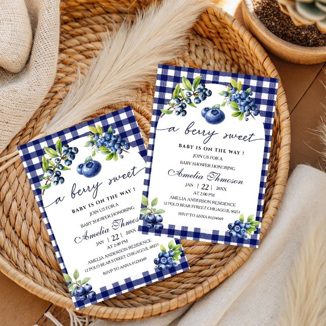 Convites Chá de Bebê Xadrez Azul Doce Fruta Cute  (Criador carregado)