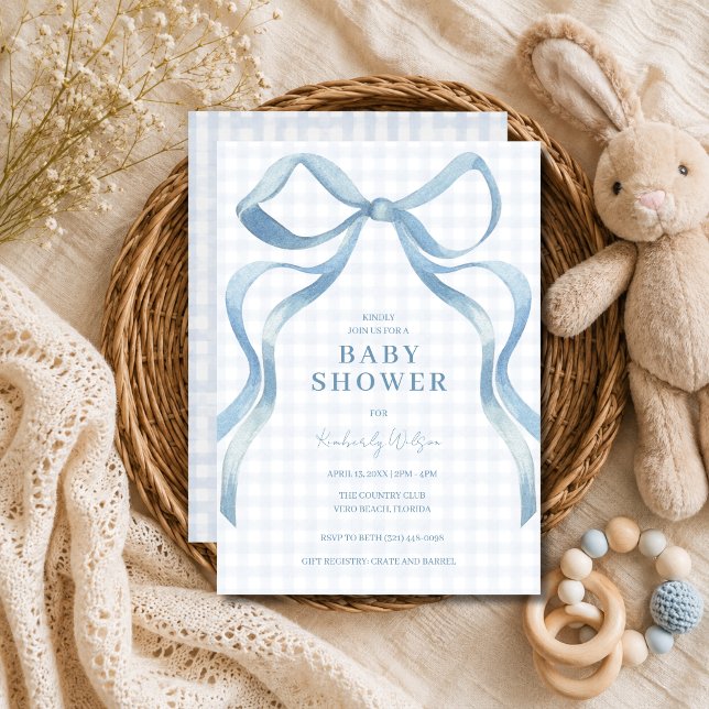 Convites Chá de Bebê Xadrez Azul Laço Coquete  (Blue Bow Coquette Gingham Baby Shower Invitation)