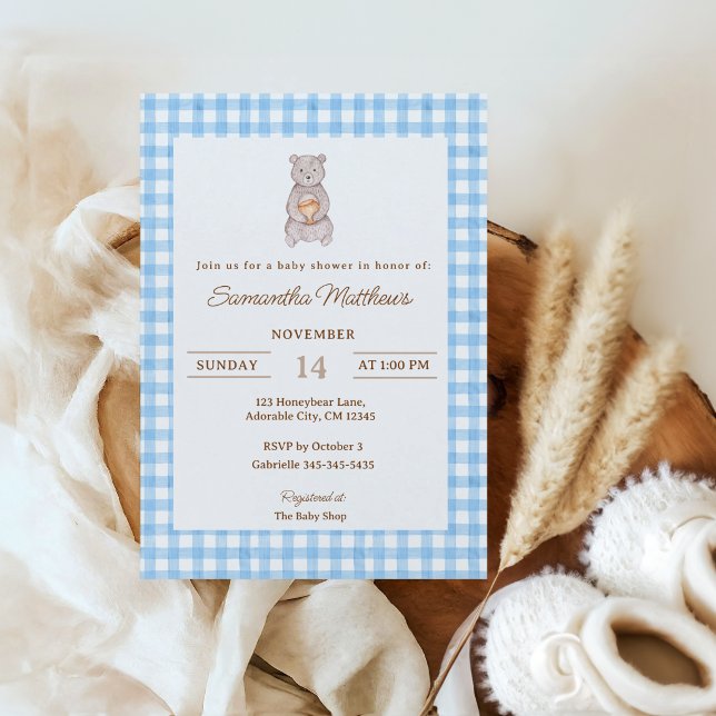 Convites Chá de Bebê Xadrez Azul Urso Rústico Aquarela (Rustic Bear Blue Gingham Invitation)