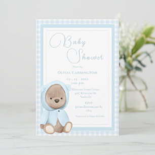 Convites Chá de Bebê Xadrez Azul Urso Vintage